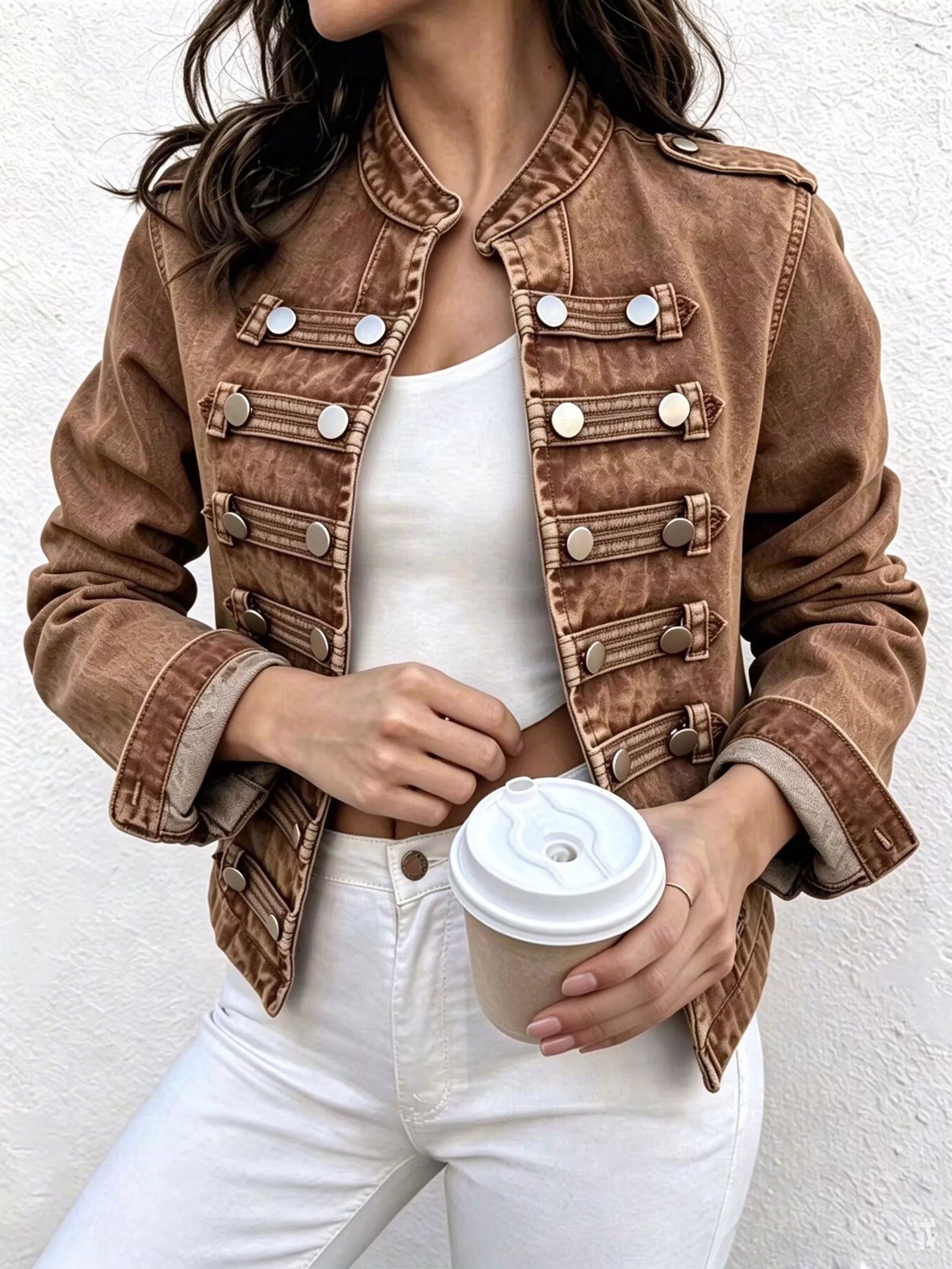 Vintage Open Front Denim Jacket with Decor Buttoned