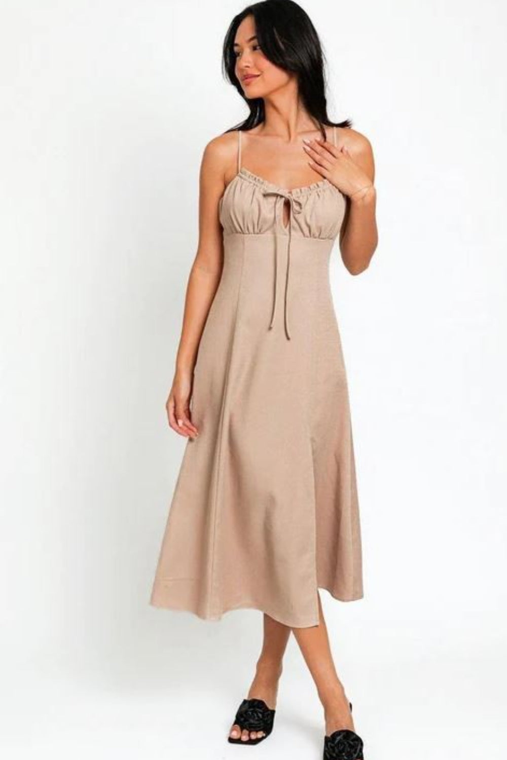 Explore More Collection - Tasha Apparel Flare Front Tie Front Slit Midi Dress