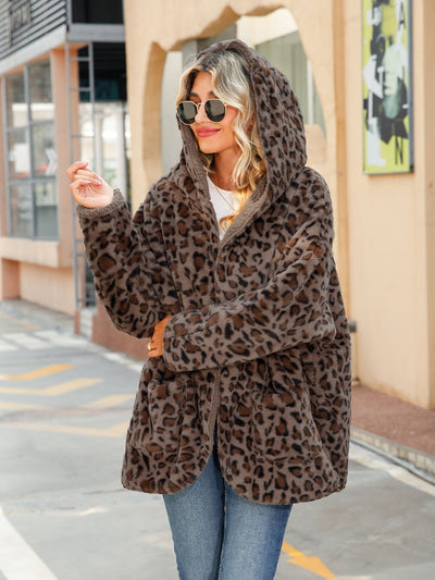 Explore More Collection - Leopard Hooded Coat with Pockets