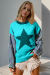 Explore More Collection - Double Take Full Size Star Pattern Raw Edge Long Sleeve Sweater