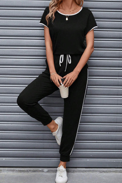 Explore More Collection - Contrast Trim Round Neck Top and Pants Set