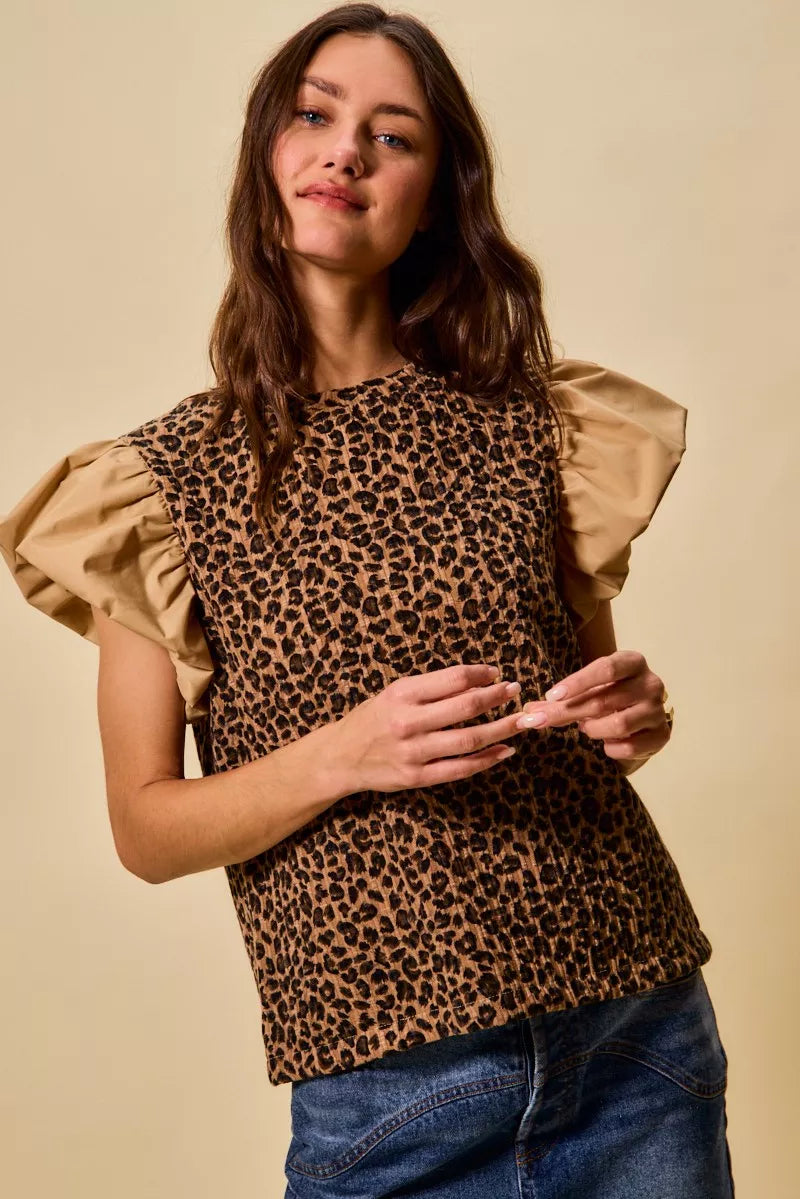 SO ME Leopard Pointelle Knit Top with Puff Sleeves