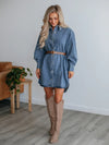 Explore More Collection - Button Up Collared Neck Long Sleeve Denim Dress