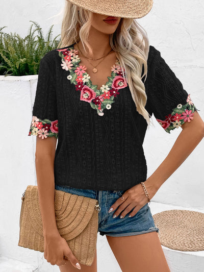 Explore More Collection - Eyelet Embroidered V-Neck Short Sleeve Blouse