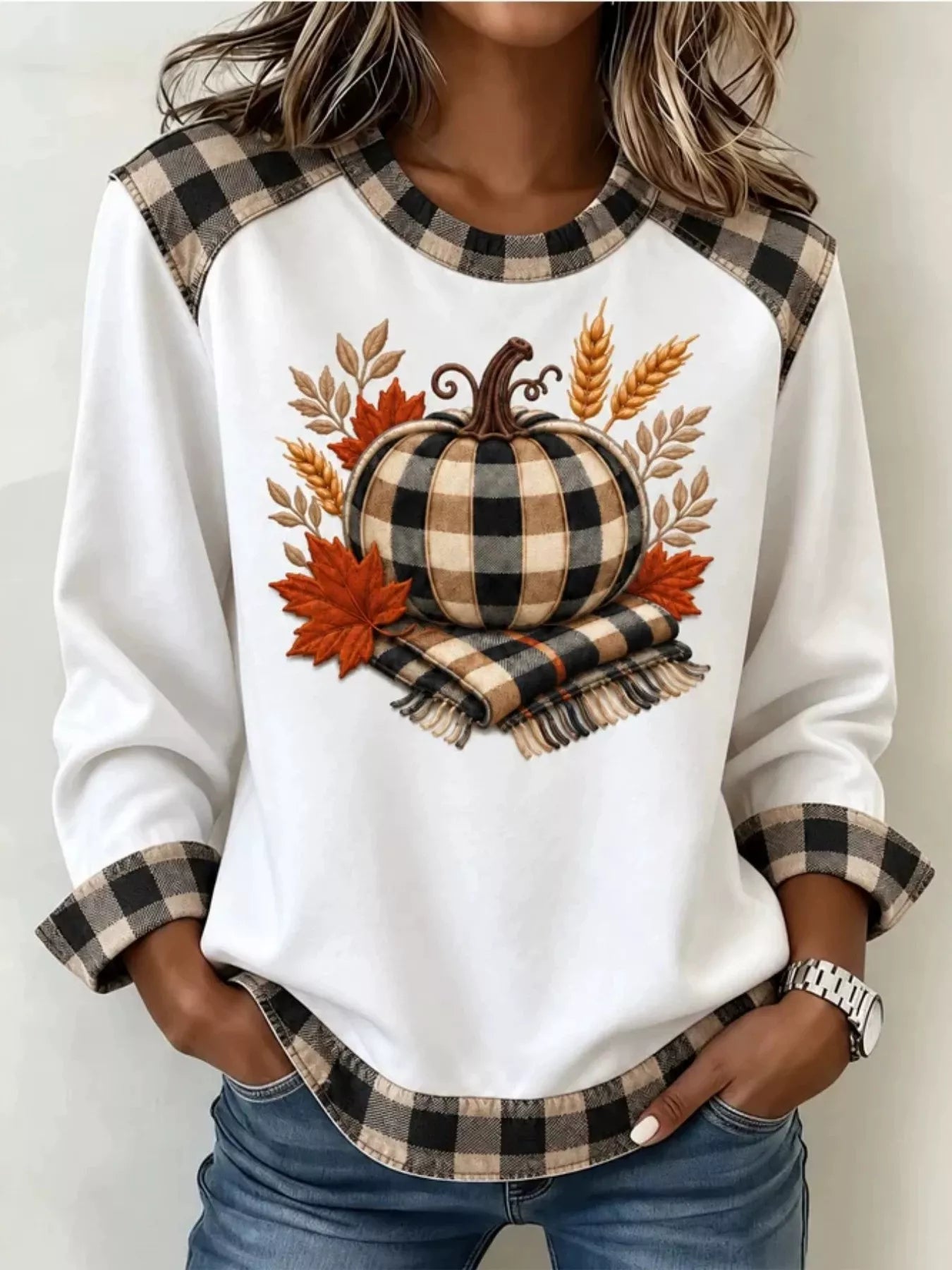Full Size Pumpkin Plaid Patchwork Long Sleeve Sweatshirt Plus Size