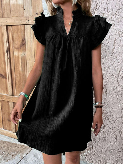 Explore More Collection - Ruffled Notched Cap Sleeve Mini Dress