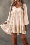 Explore More Collection - Frill Ruffled V-Neck Long Sleeve Mini Dress