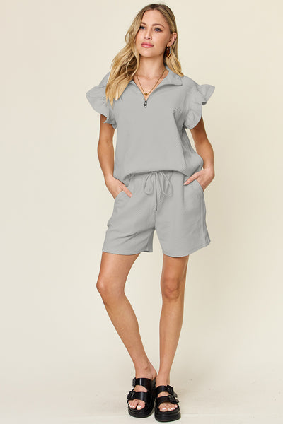 Explore More Collection - Double Take Full Size Texture Flounce Sleeve Top and Drawstring Shorts Set