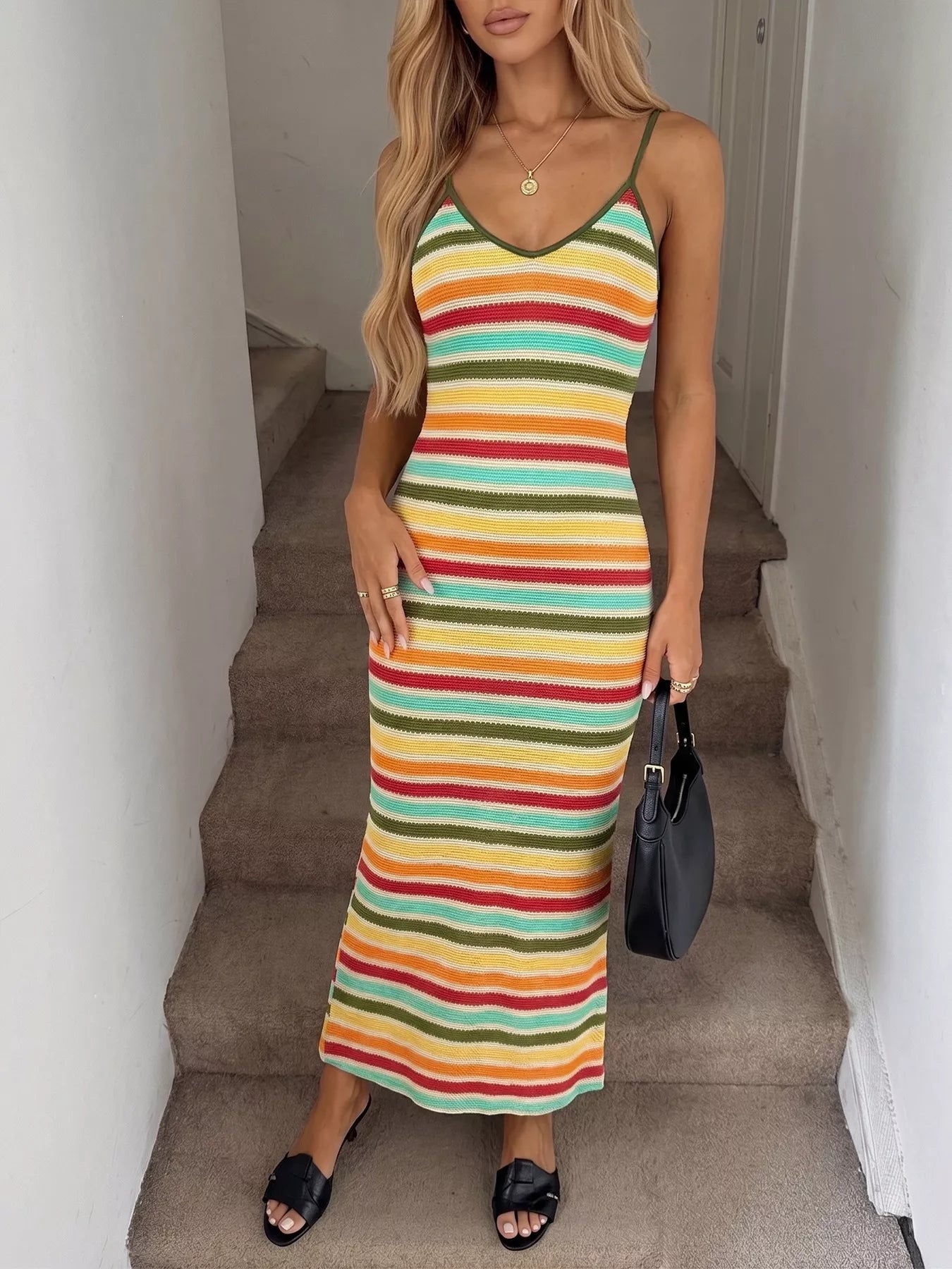 Striped Bodycon Knit Midi Dress Army Green / M