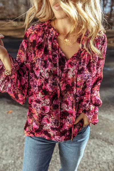 Explore More Collection - Printed Tie Neck Flounce Sleeve Blouse