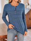 Explore More Collection - Quarter Button Striped Round Neck Long Sleeve T-Shirt