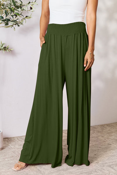 Explore More Collection - Double Take Full Size Smocked Wide Waistband Wide Leg Pants