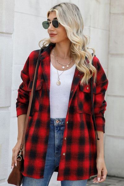 Explore More Collection - Drawstring Plaid Long Sleeve Hooded Shacket