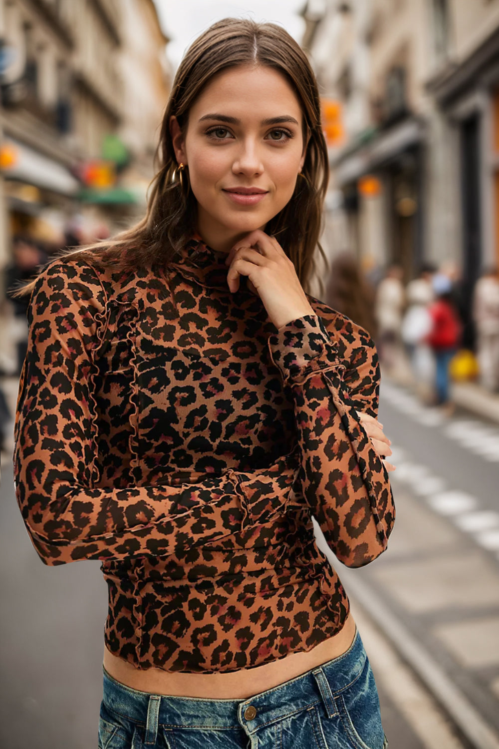 Explore More Collection - Oh Full Size Frill Printed Mock Neck Long Sleeve Top