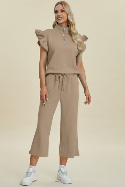 Explore More Collection - Double Take Full Size Texture Ruffle Short Sleeve Top and Wide Leg Pants Set