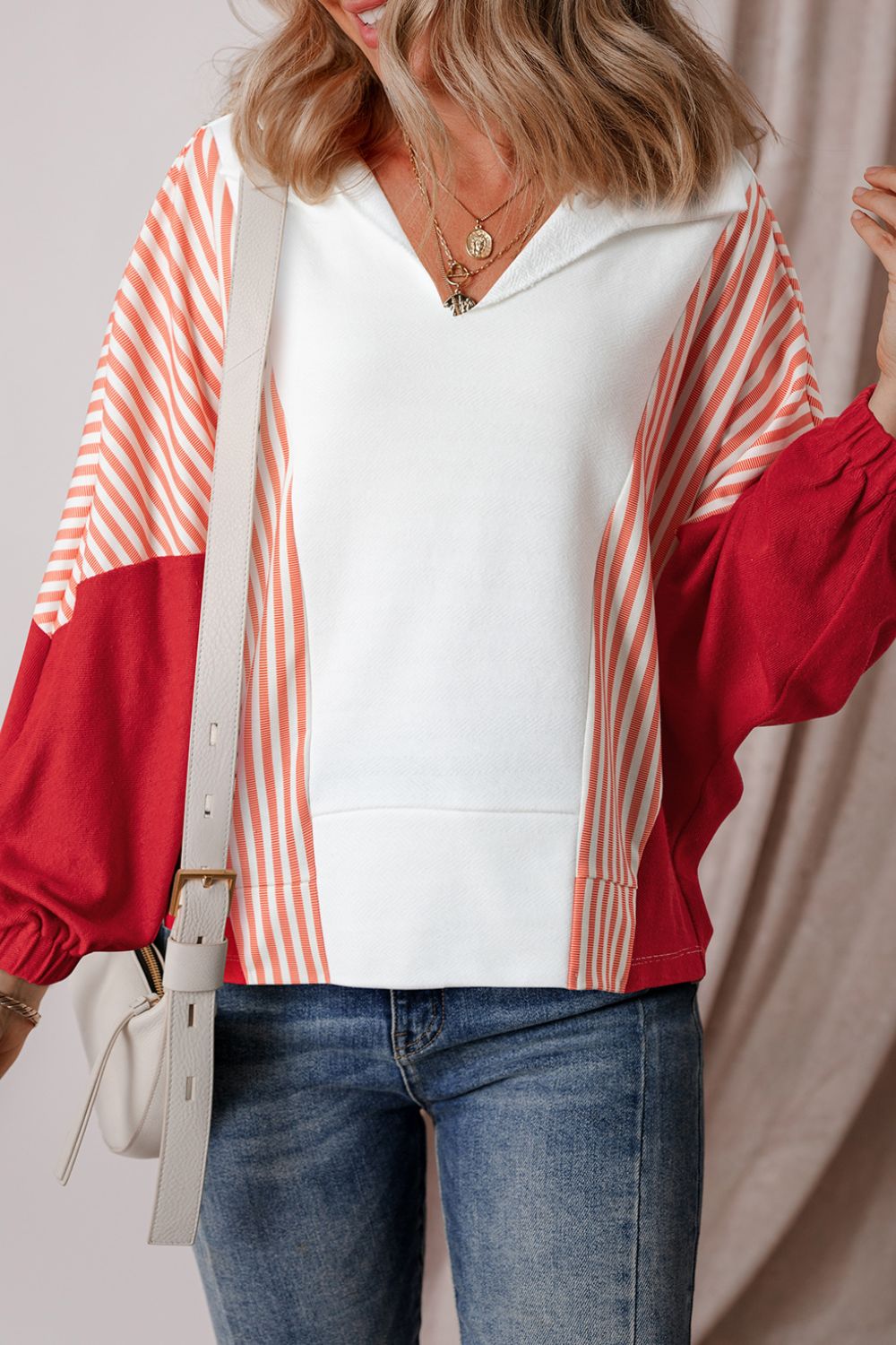 Explore More Collection - Striped Johnny Collar Long Sleeve Sweatshirt