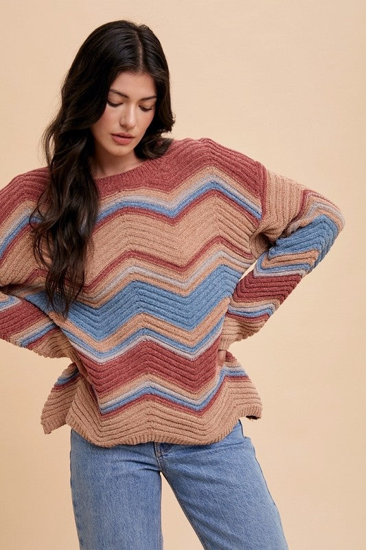 Explore More Collection - Annie Wear Multi Color Zig-Zag Round Neck Sweater