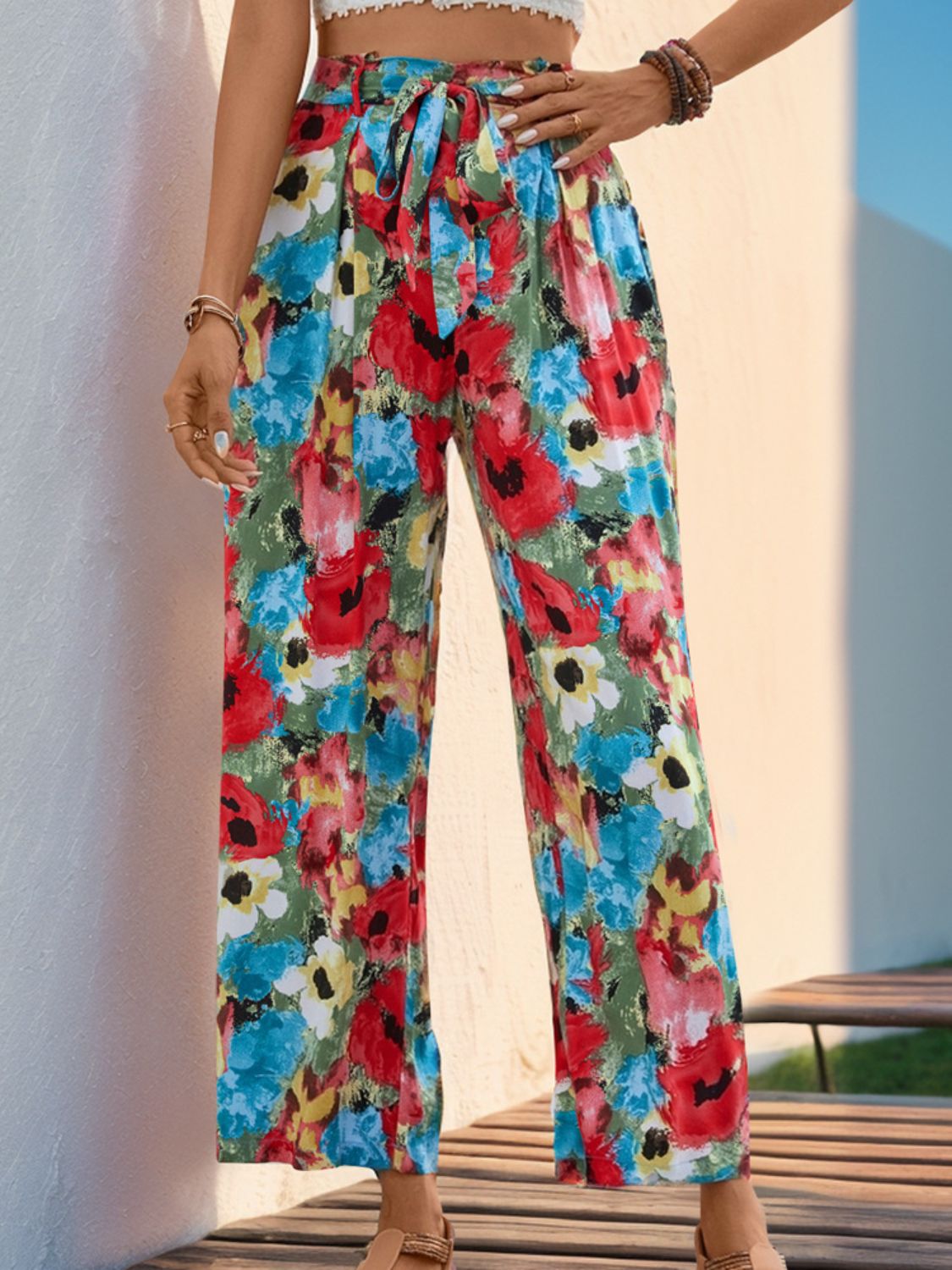 Explore More Collection - Tied Printed Wide Leg Pants