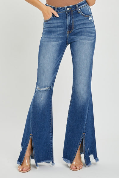 Explore More Collection - RISEN Full Size High Rise Front Slit Frayed Hem Flare Jeans