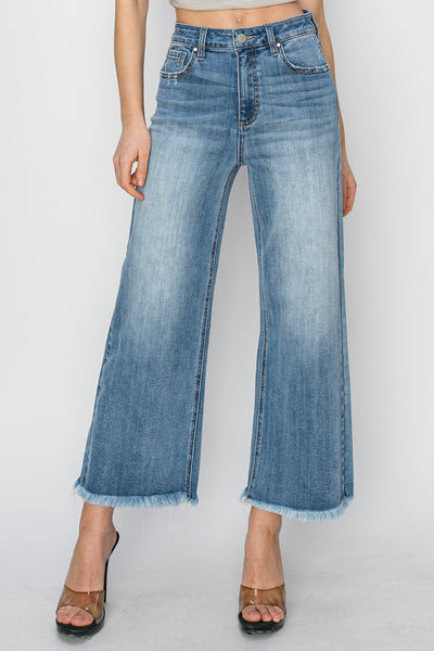 Explore More Collection - RISEN Raw Hem Cropped Wide Leg Jeans