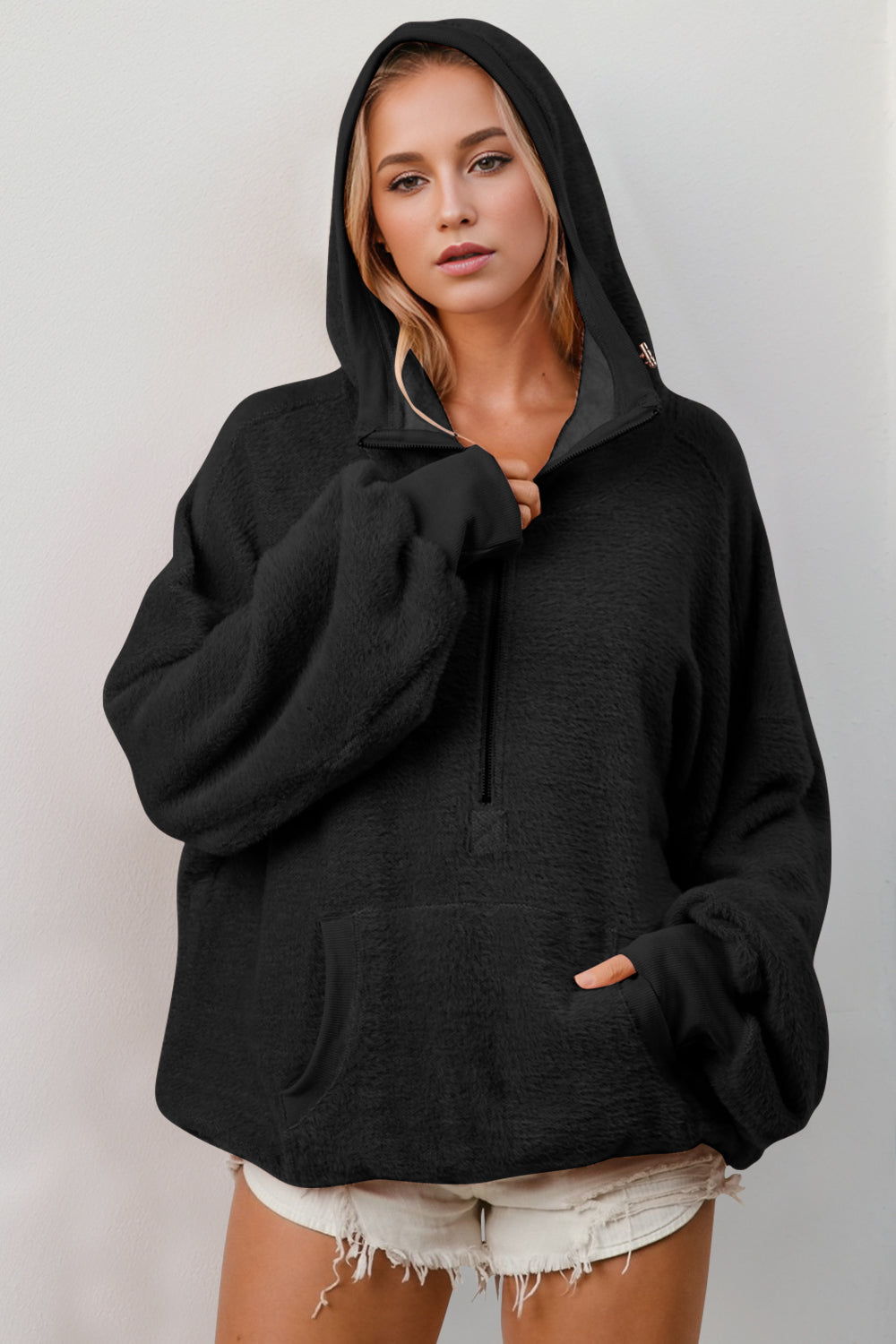 Explore More Collection - Double Take Full Size Half Zip Long Sleeve Hoodie with Kangaroo Pocket