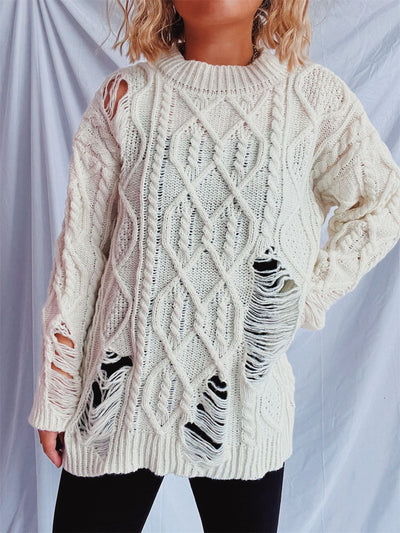 Explore More Collection - Distressed Cable-Knit Round Neck Long Sleeve Sweater