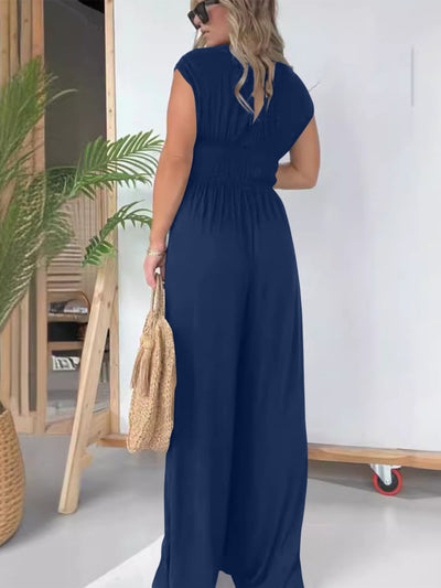 Explore More Collection - Smocked Cap Sleeve Wide Leg Jumpsuit