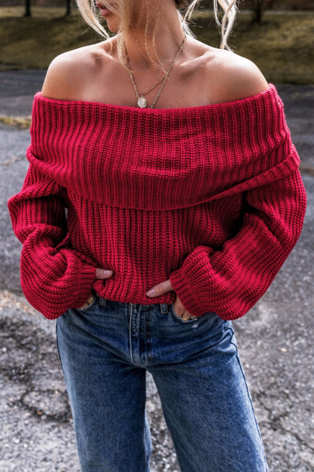 Explore More Collection - Off-Shoulder Long Sleeve Sweater