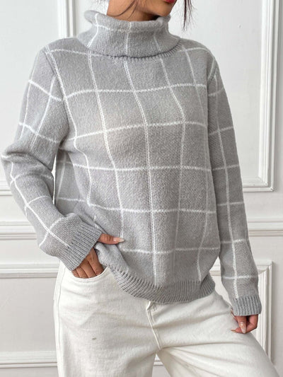 Explore More Collection - Plaid Turtleneck Long Sleeve Sweater