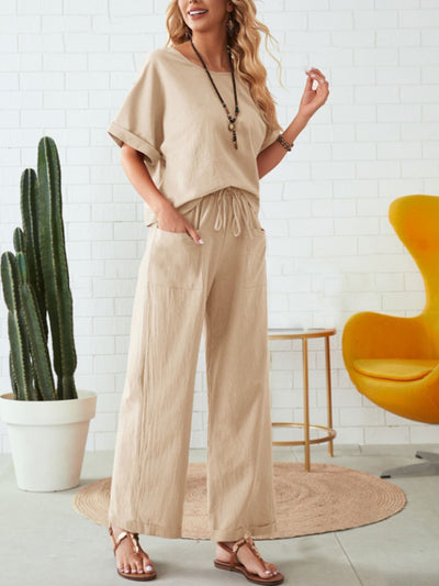 Explore More Collection - Round Neck Half Sleeve Top and Pocketed Pants Set