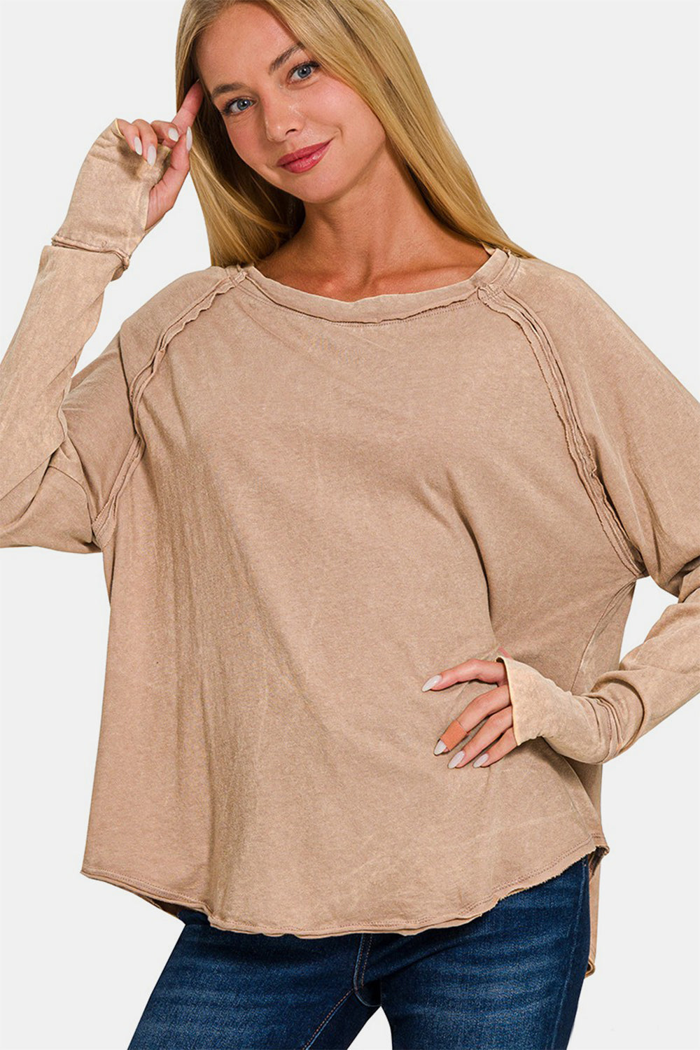 Explore More Collection - Zenana Round Neck Thumbhole Long Sleeve T-Shirt