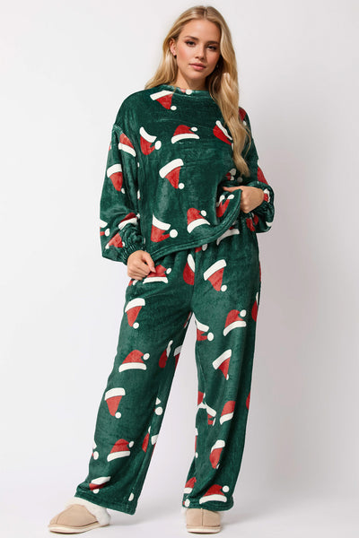 Explore More Collection - Christmas Hat Pattern Round Neck Long Sleeve Top and Pants Set