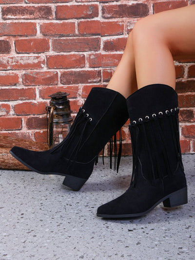 Explore More Collection - Fringe Suede Point Toe Block Heel Boots