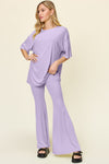 Explore More Collection - Double Take Full Size Round Neck Drop Shoulder T-Shirt and Flare Pants Set