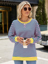 Explore More Collection - Slit Striped Round Neck Long Sleeve Sweatshirt