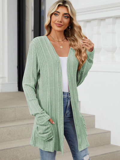 Explore More Collection - Pocketed Open Front Long Sleeve Cardigan