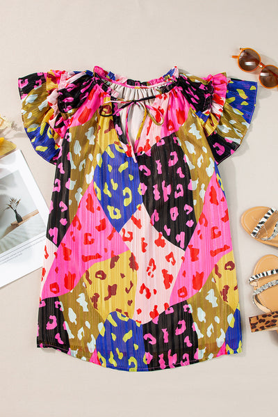 Explore More Collection - Ruffled Printed Tie Neck Cap Sleeve Blouse