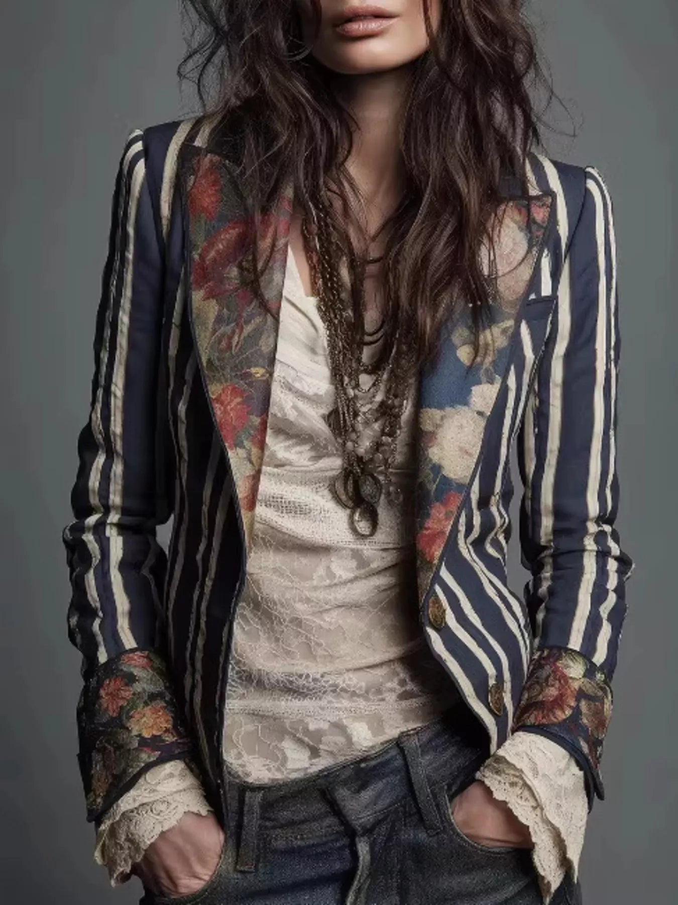 Striped Floral Contrast Slim Fit Blazer