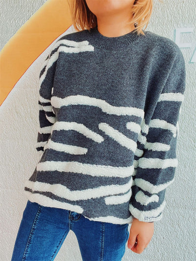 Explore More Collection - Contrast Round Neck Long Sleeve Sweater