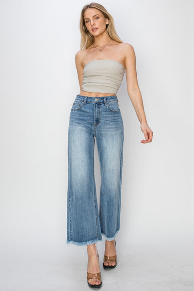 Explore More Collection - RISEN Raw Hem Cropped Wide Leg Jeans