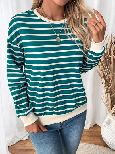 Explore More Collection - Perfee Striped Contrast Round Neck Long Sleeve Sweatshirt