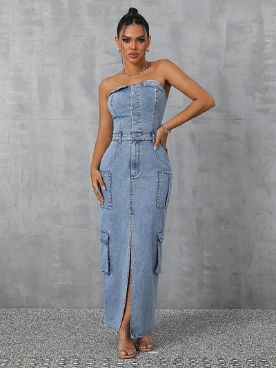 Explore More Collection - Slit Half Button Tube Denim Dress