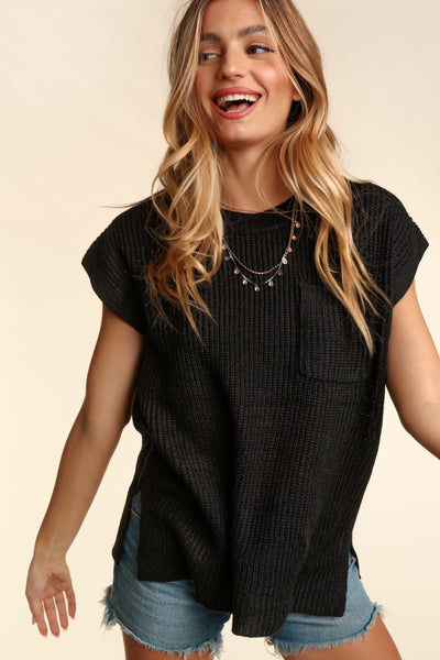 Explore More Collection - Haptics Pocketed Round Neck Cap Sleeve Knit Top