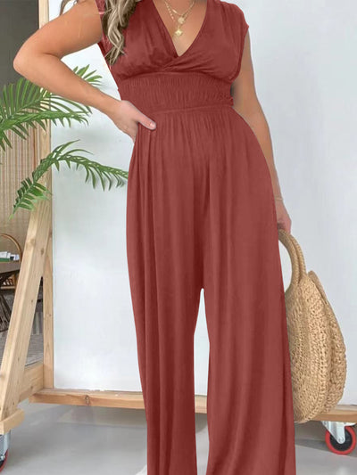 Explore More Collection - Smocked Cap Sleeve Wide Leg Jumpsuit