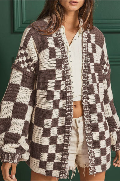 Explore More Collection - Checkered Open Front Long Sleeve Cardigan