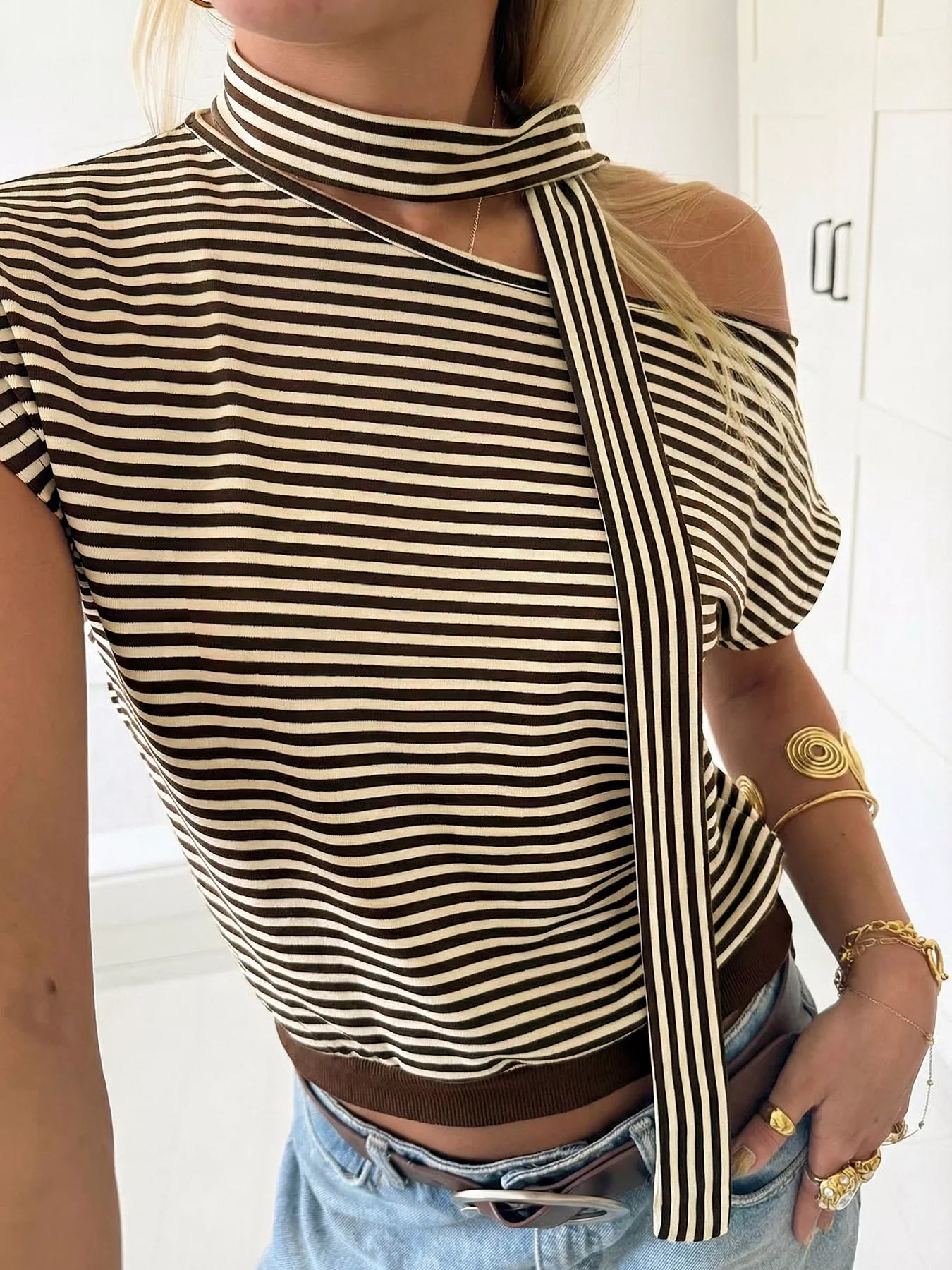 Striped Single Shoulder T-Shirt