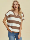 Explore More Collection - Double Take Full Size Striped V-Neck Short Sleeve Sweater