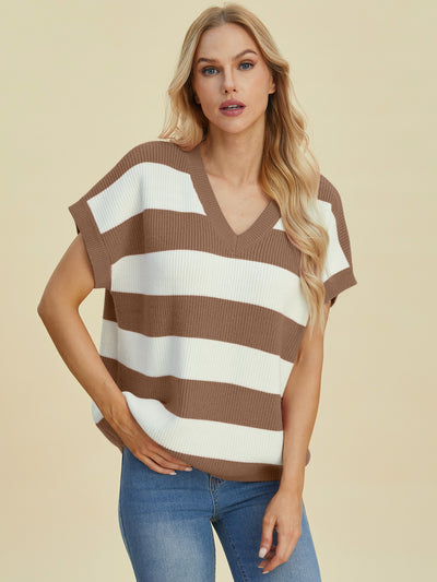 Explore More Collection - Double Take Full Size Striped V-Neck Short Sleeve Sweater