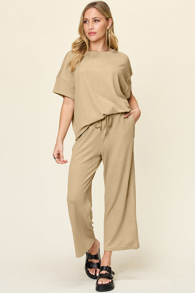 Explore More Collection - Double Take Full Size Texture Round Neck Short Sleeve T-Shirt and Wide Leg Pants