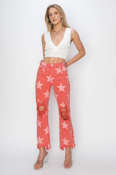 Explore More Collection - RISEN Full Size Distressed Raw Hem Star Pattern Jeans